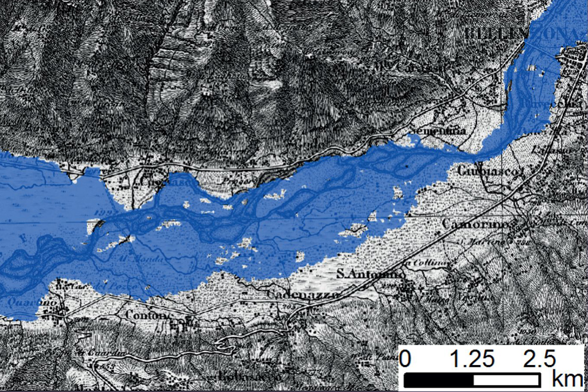 Das Bild zeigt eine Rekonstruktion von Überflutungsflächen in der Magadinoebene, dargestellt auf einer historischen Landkarte. © Oeschger-Zentrum für Klimaforschung (OCCR)