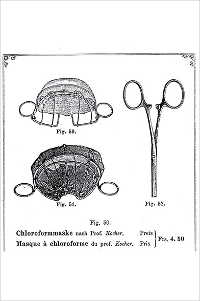 Wegweisende Instrumente: Chloroformmaske nach Kocher und die «Kocher-Klemme». Bild: zvg Institut für Medizingeschichte, Universität Bern.