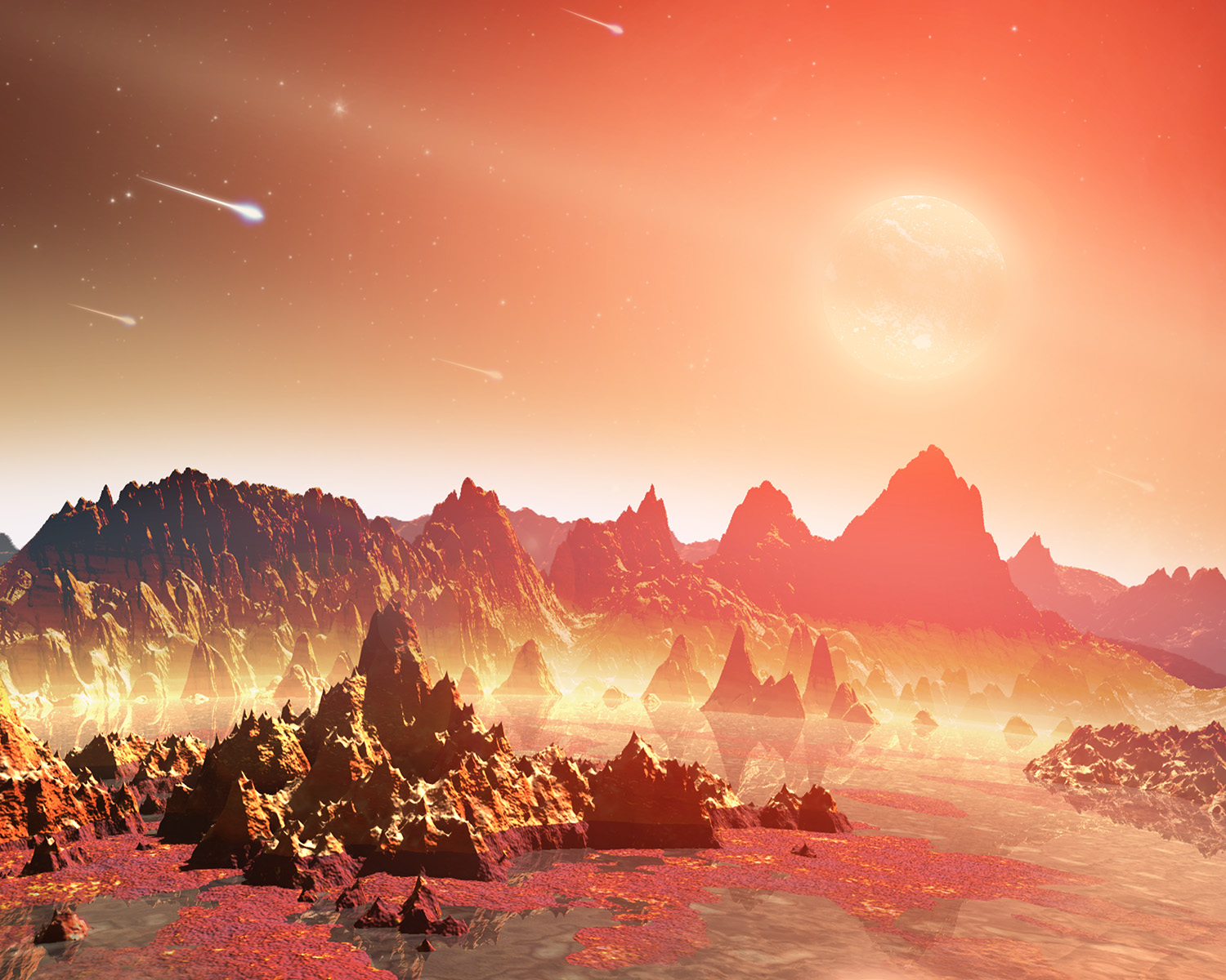 Felsenlandschaft auf einem jungen Exoplaneten. Am Himmel sind eine riesige Sonne und herabstürzende Meteoriten zu sehen.