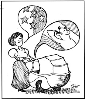 Karikatur eine Frau, die einen Kinderwagen schiebt: der Mutter ist eine Sprechblase in Walliser Deutsch eingezeichnet, dem Kind eine Sprechblase mit dem Berner Bär drin.