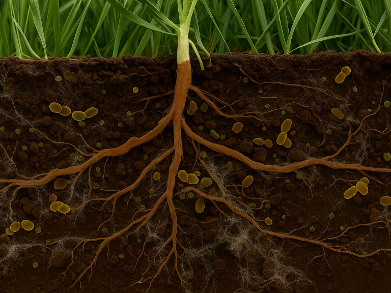 Illustration einer Pflanze und Bodenmikroorganismen, die ihre Aktivitäten aufeinander abstimmen. Der Klimawandel kann diese Synchronität stören. © Dieses Visual wurde mit Hilfe von künstlicher Intelligenz von Prof. Dr. Madhav P. Thakur erstellt.