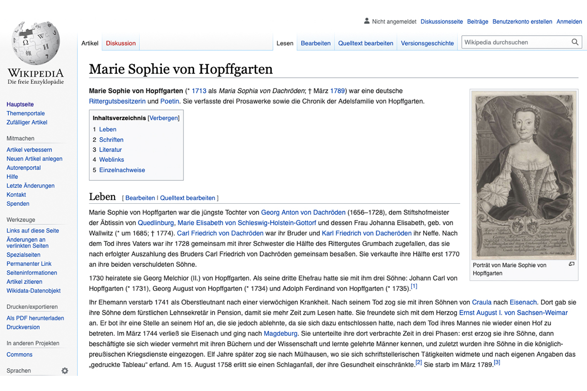 Screenshot des im Seminar verfassten Wikipedia-Eintrags zur Schriftstellerin Marie Sophie von Hopffgarten.