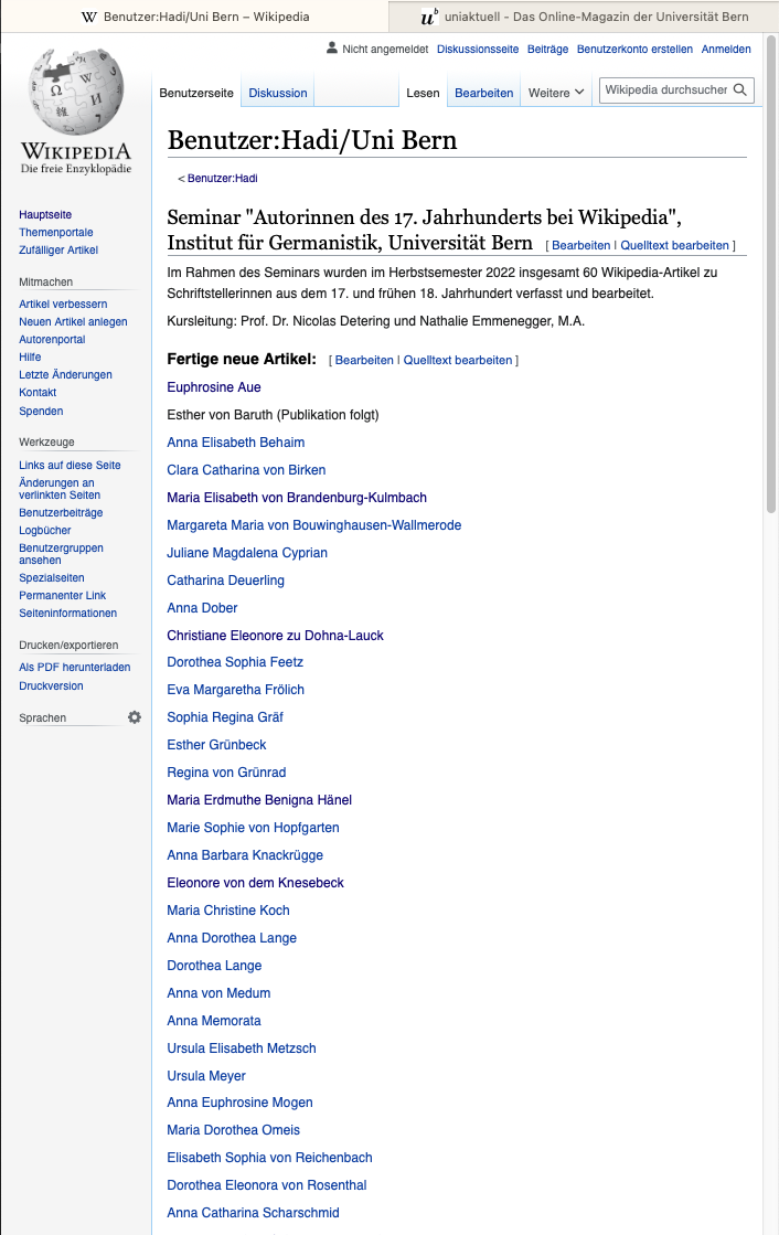 Screenshot der Wikipedia-Projektseite des Germanistik-Seminars.