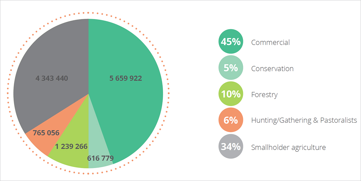 Global shares of former land uses, with land areas indicated in thousands of hectares. Source: Land Matrix, Analytical Report III