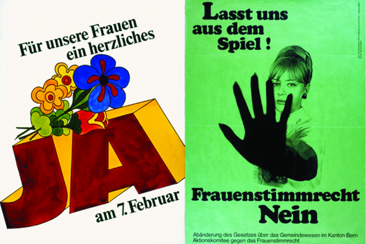 Links ein Plakat des Aktionskomitees für das Frauenstimmrecht (1971) und rechts ein Plakat des Aktionskomitees gegen das Frauenstimmrecht (1968). © Graphische Sammlung der Schweizerischen Nationalbibliothek