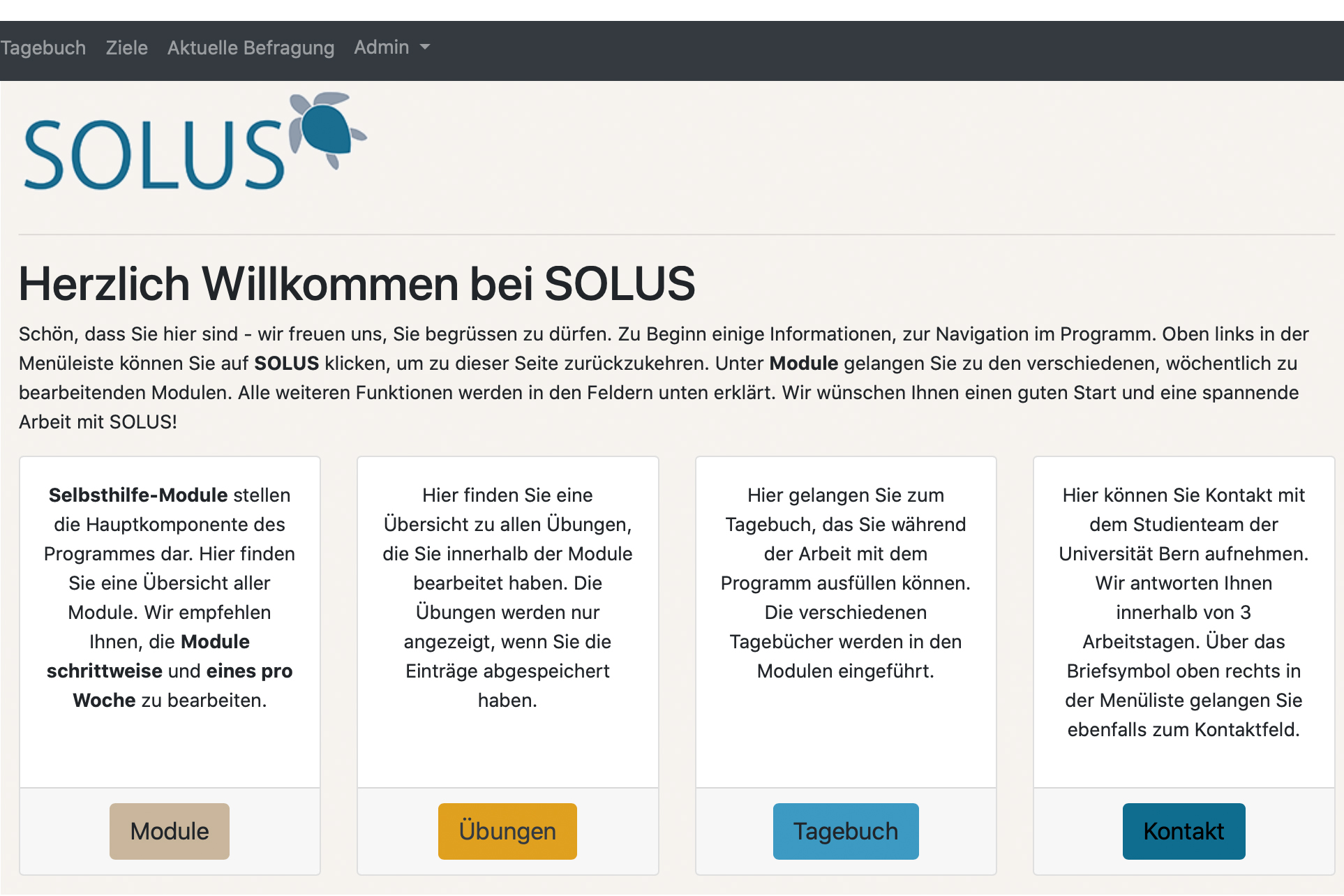 Startseite der intenetbasierten Selbsthilfeintervention SOLUS, deren Wirksamkeit an der Universität Bern untersucht wird. © Universität Bern