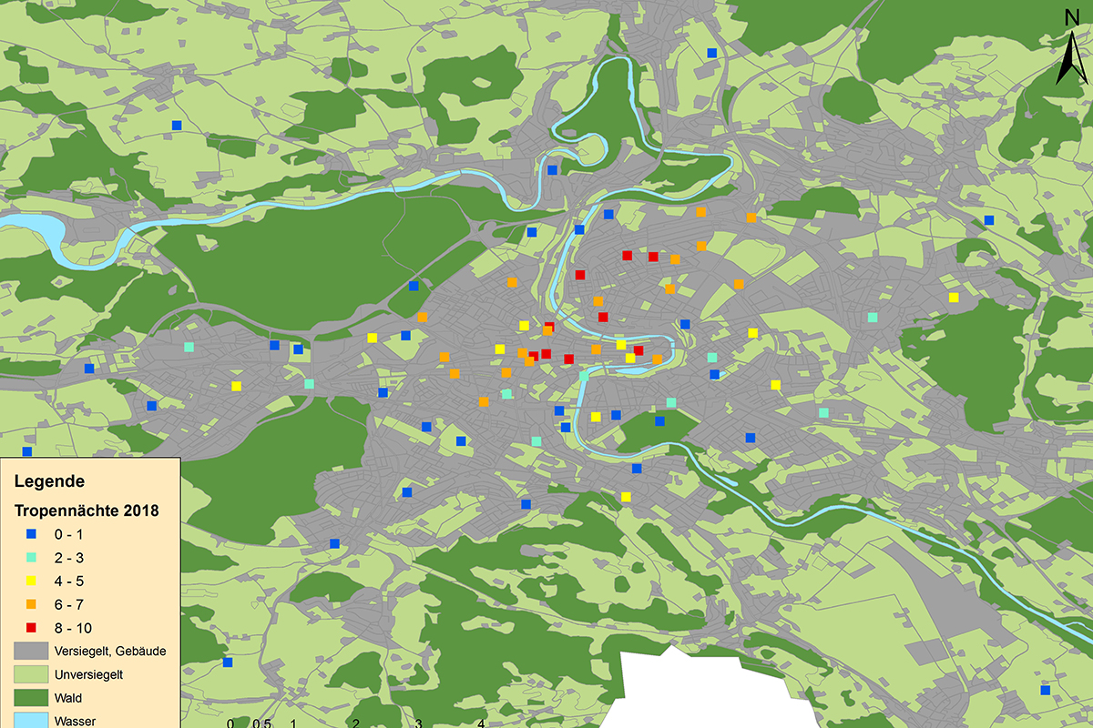 Anzahl Tropennächte (Tmin ≥ 20 °C) an den Messstandorten inner- und ausserhalb der Stadt Bern während des Sommers 2018. Quelle: Gubler, 2019