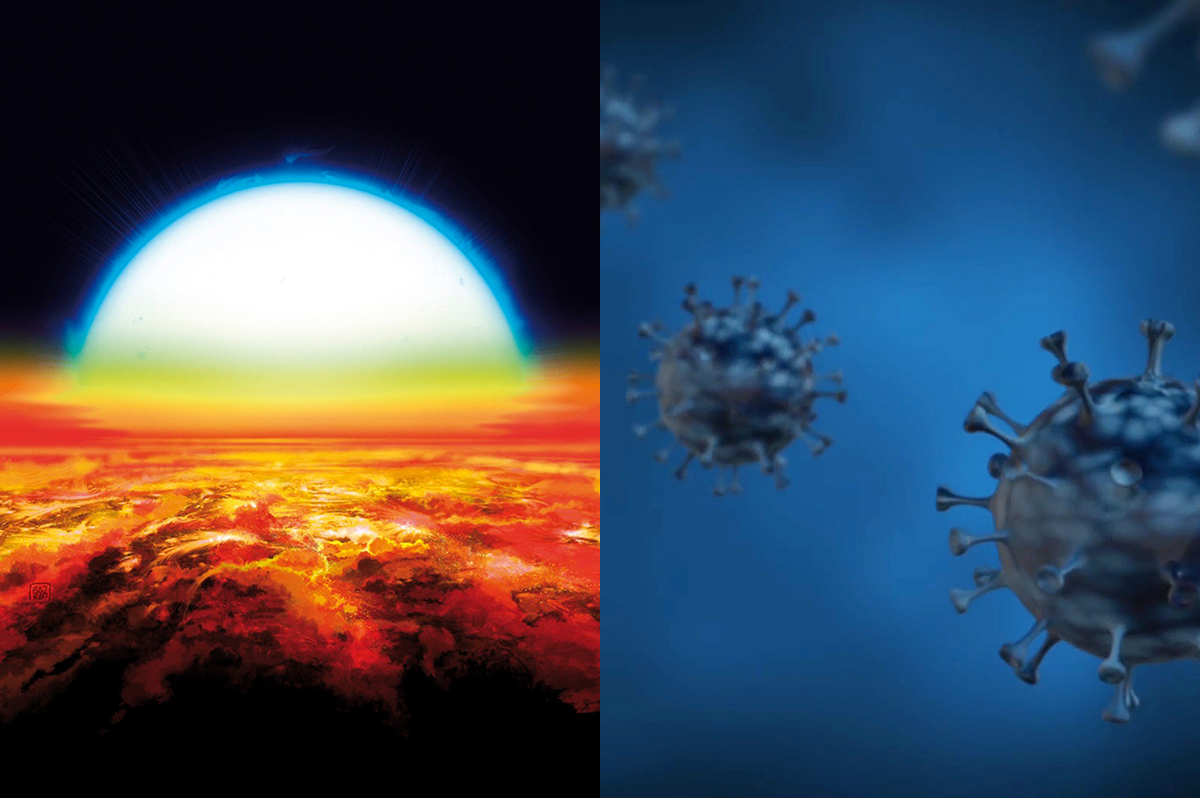 Astrophysik und Epidemiologie: Das Bild links zeigt eine künstlerische Ansicht eines Sonnenuntergangs über dem Exoplaneten KELT-9b (© Denis Bajram). Das Bild rechts stammt aus einer künstlerischen Animation des Coronavirus © Pexels