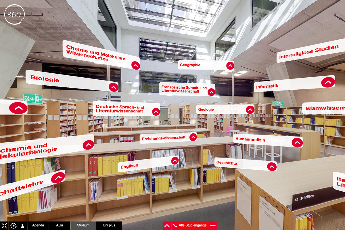 Digitale Bachelorinformationstage: Hinter jedem der roten Buttons verbergen sich Informationen, Livestreams und Chats zur jeweiligen Studienrichtung. © Universität Bern
