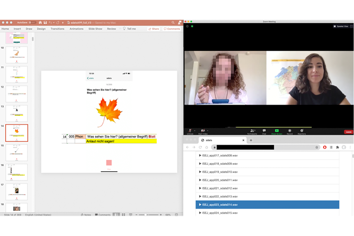Virtuelle Erhebung: Die Testleiterin sieht die abzufragenden Variablen (links) und die übermittelten Audiodateien (rechts unten), während sie die Befragung via Zoom durchführt und die Teilnehmerin sich per Smartphone-App aufnimmt (rechts oben). © SDATS-Projekt