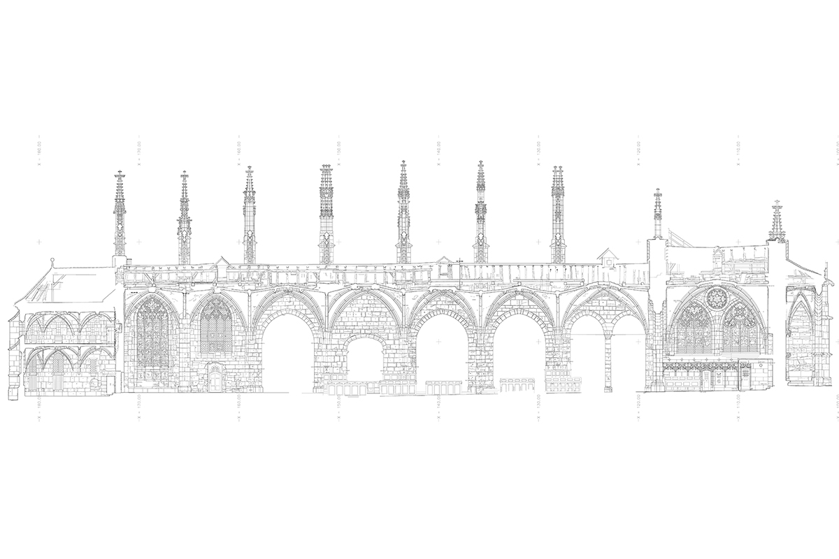 Photogrammetrische Aufnahmen dienen der Dokumentation der Bausubstanz und der einzelnen Bauphasen: Längsschnitt des südlichen Seitenschiffs. © Berner Münster-Stiftung