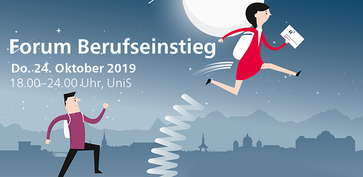 Das «Forum Berufseinstieg» findet am Donnerstag, 24. Oktober 2019 von 18 bis 22 Uhr (Barbetrieb bis 24 Uhr) in der UniS statt.