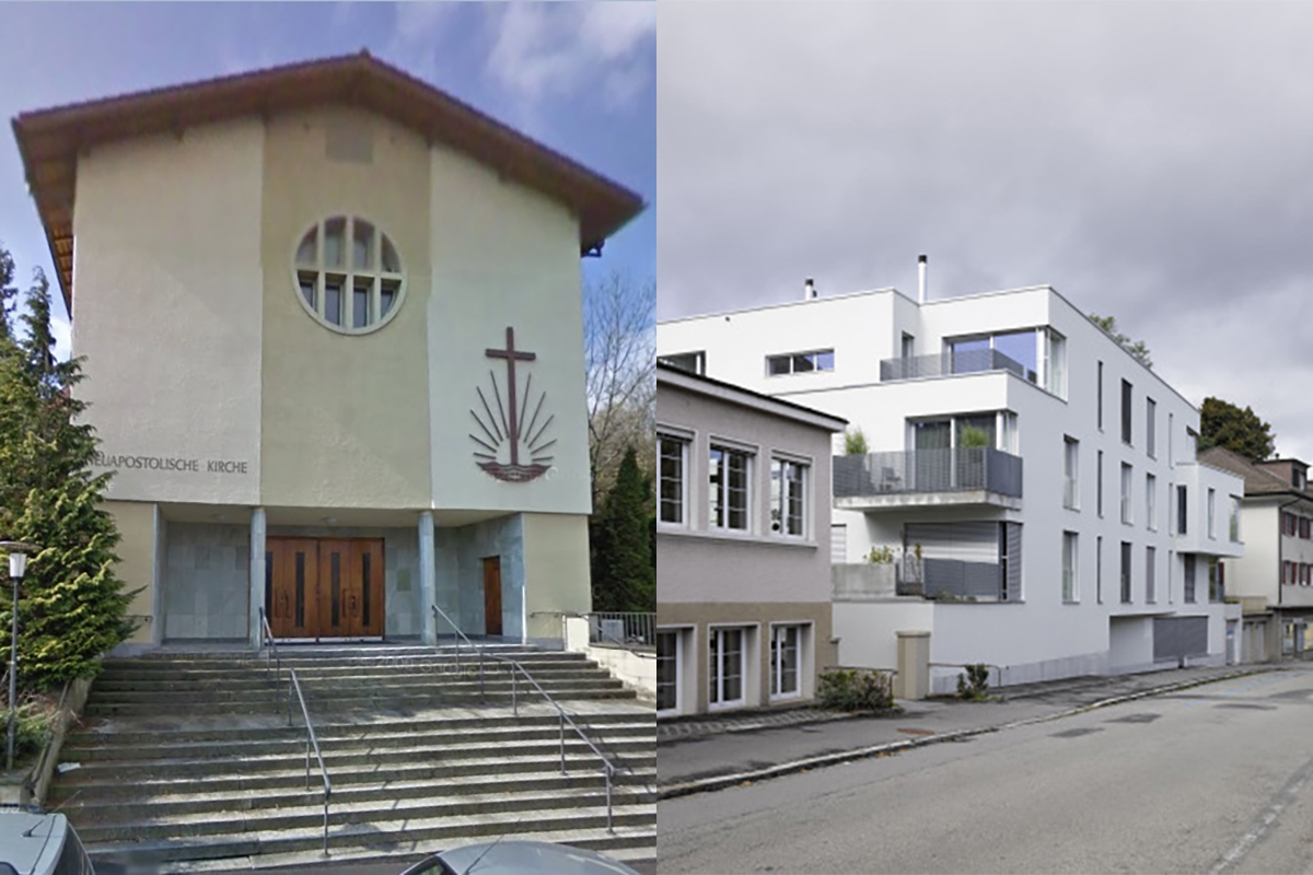 Abriss: Die sanierungsbedürftige neuapostolische Kirche in Bern wurde abgerissen – heute steht auf der Parzelle ein Mehrfamilienhaus mit acht Wohnungen. Bilder: zvg Datenbank Kirchenumnutzung Universität Bern
