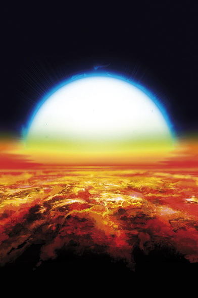 Künstlerische Ansicht eines Sonnenuntergangs über KELT-9b. Unter dieser sengenden Sonne ist die Atmosphäre des Planeten warm genug, um in rötlich-orangenen Tönen zu leuchten und Schwermetalle wie Eisen und Titan zu verdampfen. © Denis Bajram