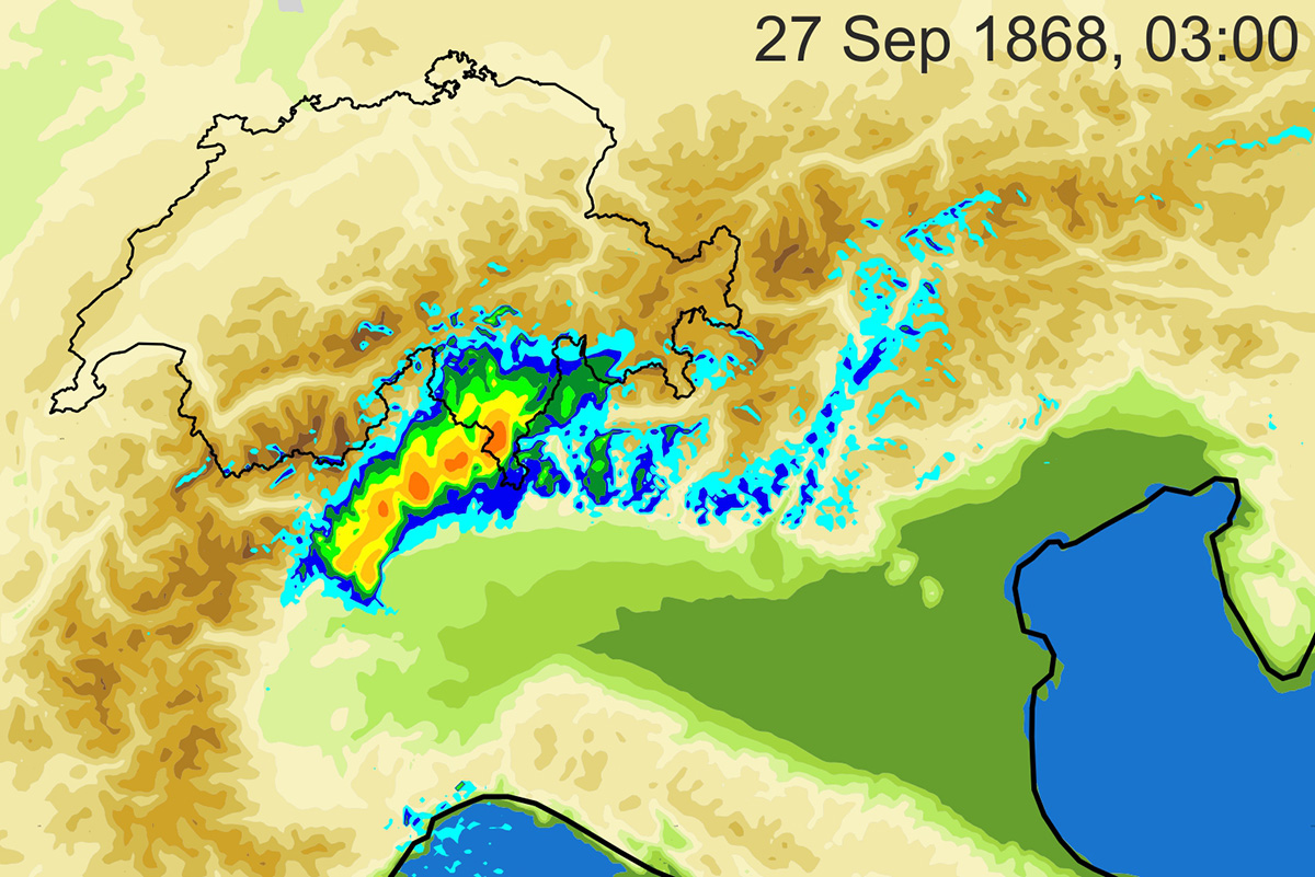 Am 27. September 1868 fielen vor allem im Tessin extreme Regenmengen. Die Grafik zeigt eine rekonstruierte Niederschlagskarte, am grössten waren die Mengen in den orange gefärbten Gebieten. © Oeschger-Zentrum für Klimaforschung (OCCR)