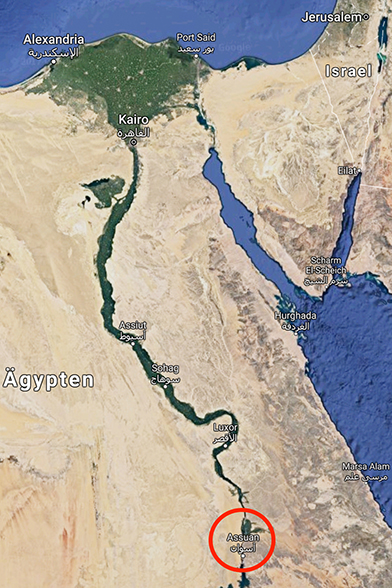 Syene, das heutige Assuan, liegt in Oberägypten am ersten von sechs Nil-Katarakten. Bilder © 2018 Landsat / Copernicus, Data SIO, NOAA, U.S. Navy, NGA, GECBO, Kartendaten © 2018 Google, Mapa GISrael, ORION-ME