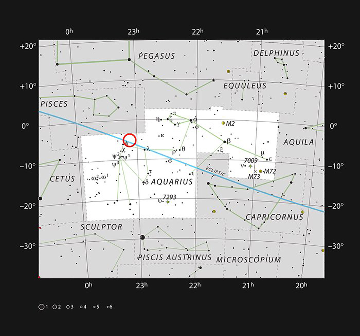 This chart shows the naked eye stars visible on a clear dark night in the sprawling constellation of Aquarius (The Water Carrier). The position of the faint and very red ultracool dwarf star TRAPPIST-1 is marked. Although it is relatively close to the Sun, it is very faint and not visible in small telescopes.