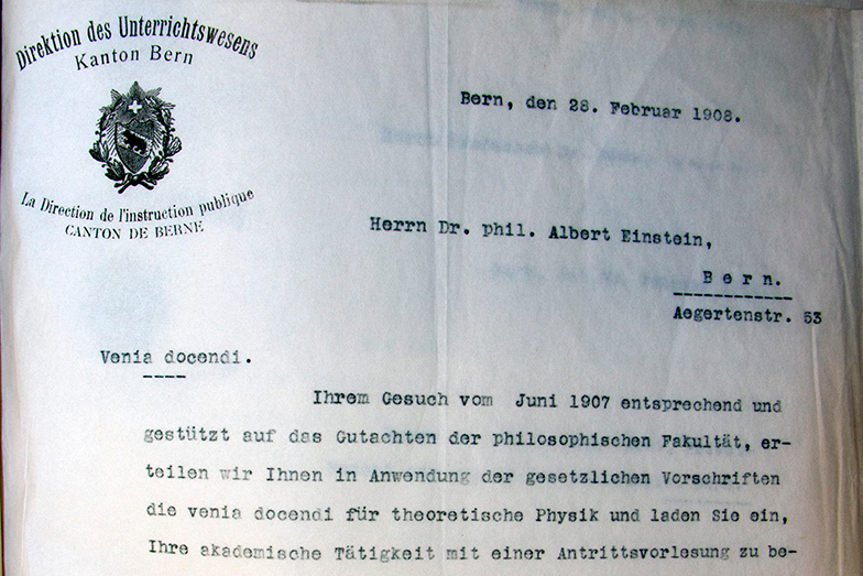 Die Direktion des Unterrichtswesens erteilt Albert Einstein am 28. Februar 1908 die Venia docendi. Bild: Universitätsarchiv Bern