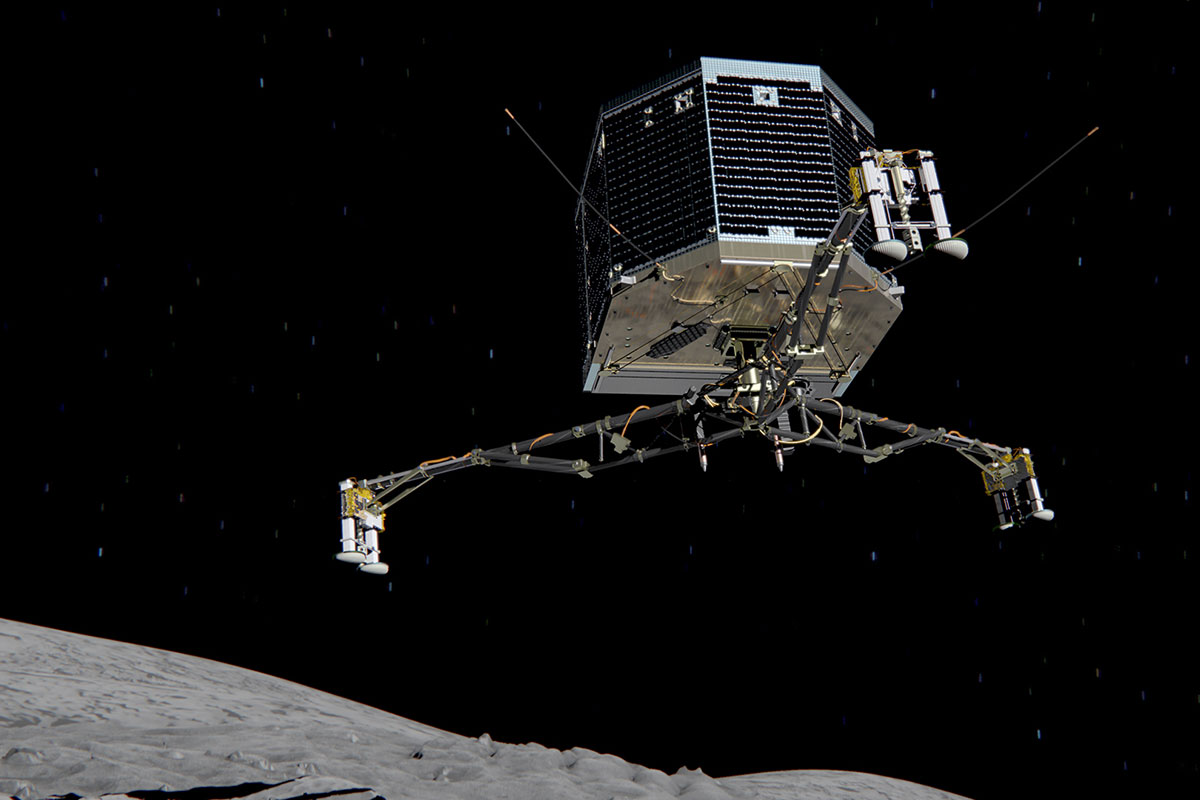 Philae kurz vor der Landung auf dem Kometen «Chury» – Standbild aus einer Animation der ESA.