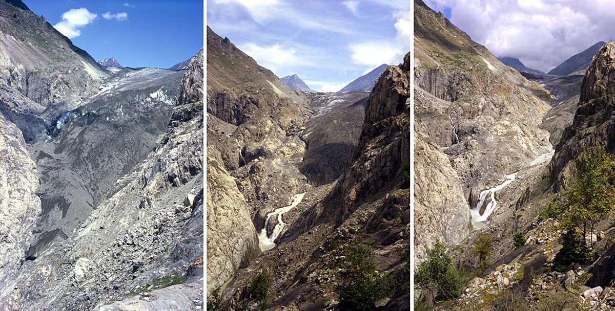 Der Grosse Aletschgletscher, links im Jahre 1979, in der Mitte im Jahre 1991 und rechts 2002. Foto: L. Albrecht / Pro Natura Zentrum Aletsch / Wikimedia