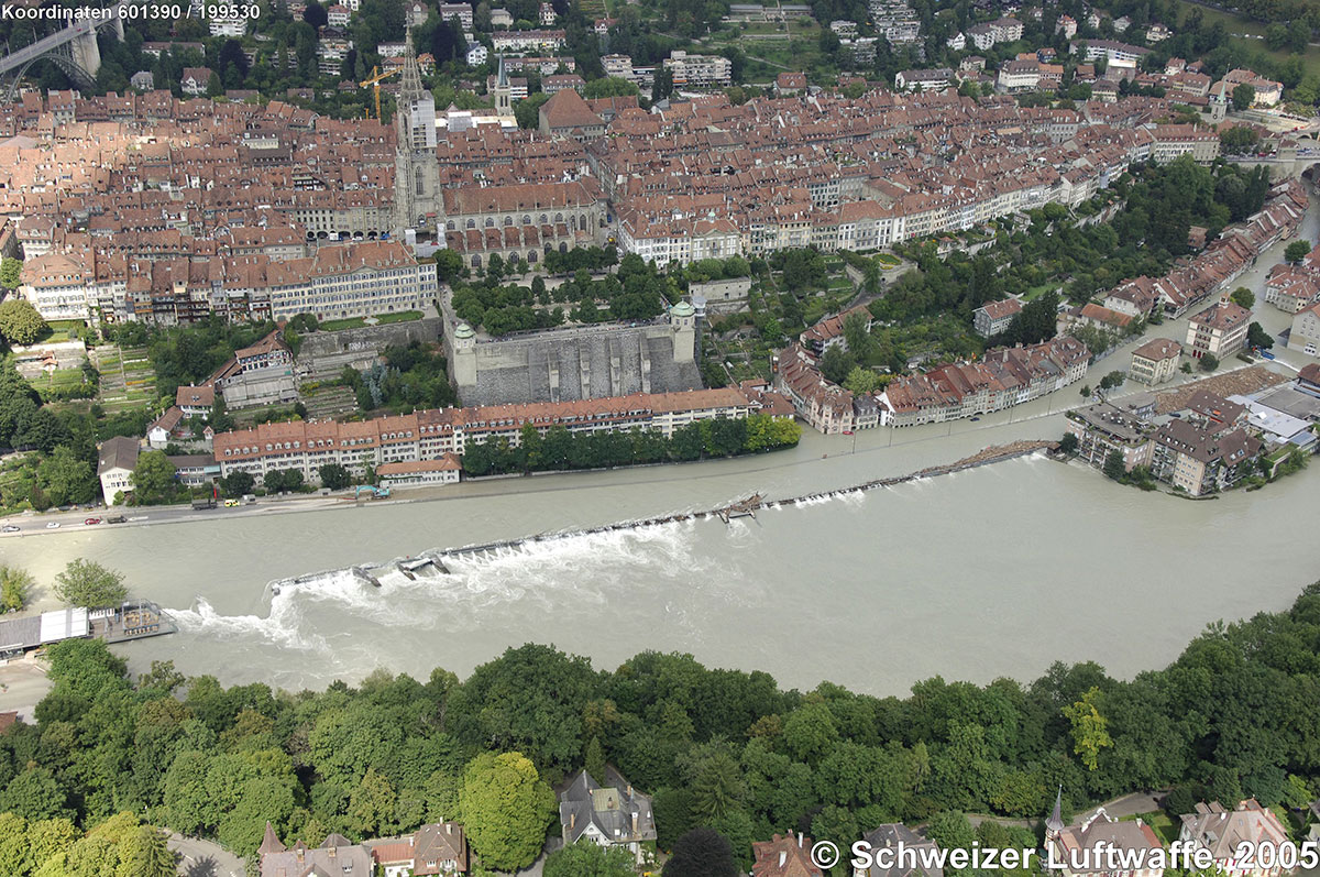 Aufgrund des Klimawandels wird das Hochwasserrisiko in den Wintermonaten zunehmen (Hochwasser in Bern 2005)