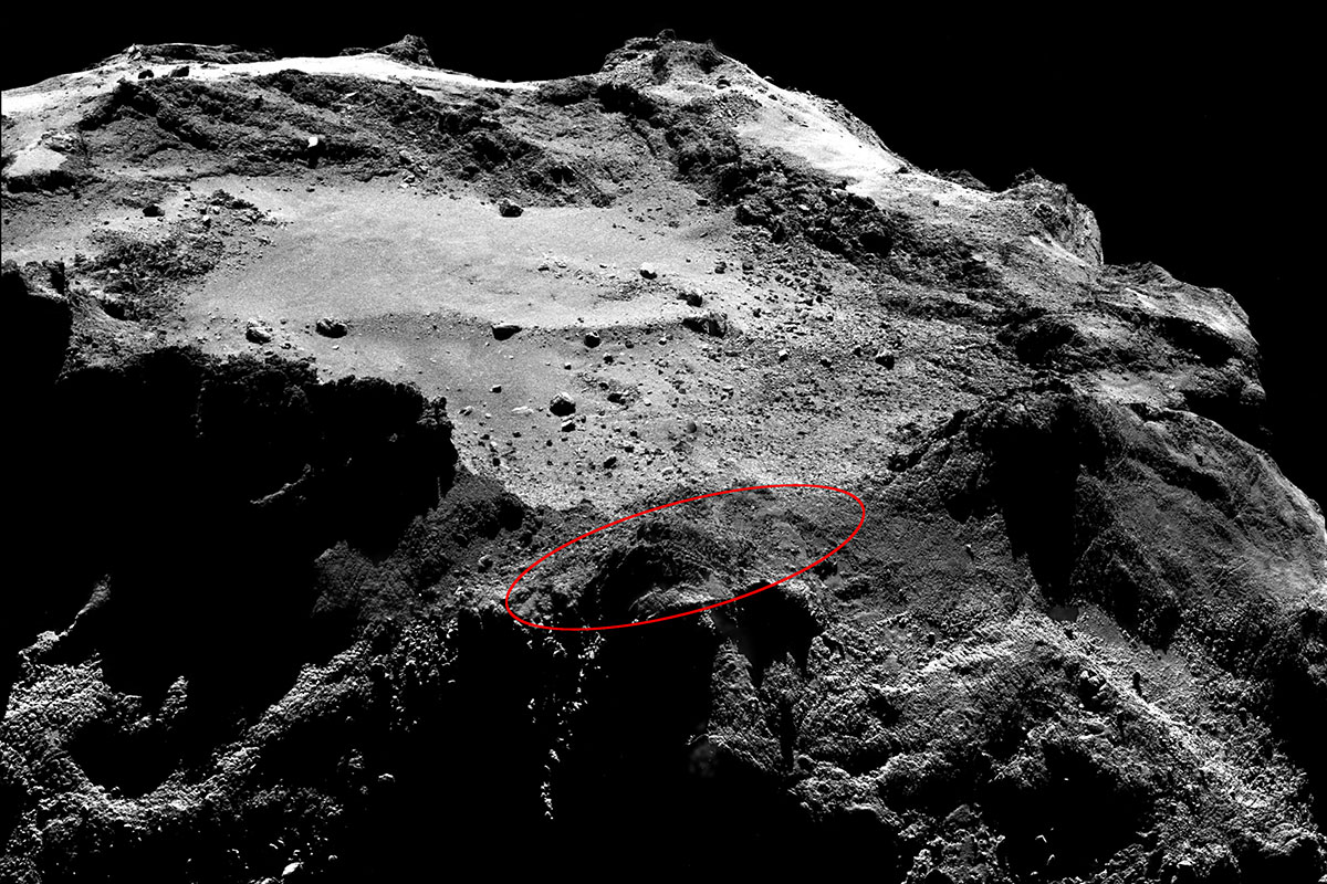 «Chury» aus einer Distanz von 20 Kilometern: Markiert ist das Gebiet, auf dem Philae – auf dieser Aufnahme nicht grösser als drei Pixel – vermutet wird.
