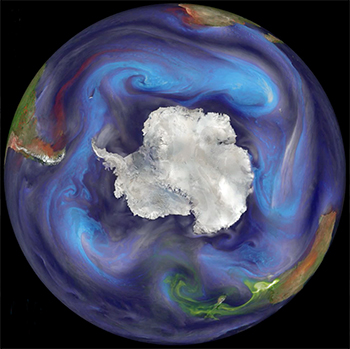 Satellitenbild einer Staubwolke über dem subantarktischen Atlantischen Ozean vom Dezember 2006