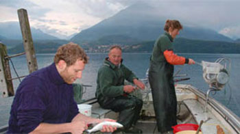 Bittner auf einem Boot auf dem Thunersee mit einem Felchen in der Hand