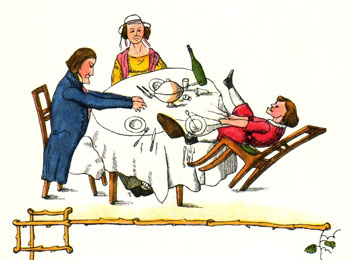 Bild aus dem Buch Struwwelpeter: Zeigt Zappelphilipp, der mit dem Stuhl nach hinten kippt und mit der Tischdecke das Gedeck mit sich reisst