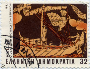 Bild einer Briefmarke, auf der jene Szene aus der Odyssee dargestellt wird, in der Odysseus den Sirenen entkommt.