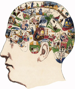 Gezeichneter Kopf mit Erinnerungen (Lehrbild der Phrenologie)
