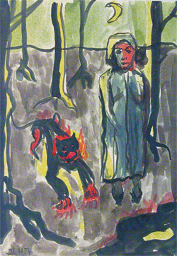 Bild aus der Ausstellung «von Tieren umgeben sind Menschen», das eine Frau neben einer Raubkatze im Wald darstellt