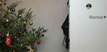 Weihnachtsbaum geschmückt vor dem Eingang zur Mensa