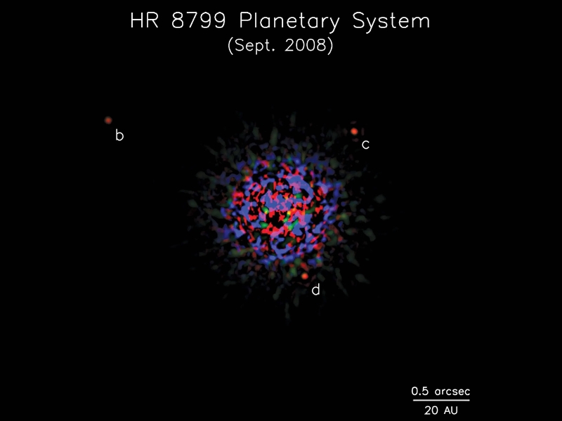 Das erste Foto von Planeten ausserhalb unseres Sonnensystems: Das Planetensystem von HR 8799. © Christian Marois/Bruce Macintosh/National Research Council Canada(NRC)/Keck Observatory